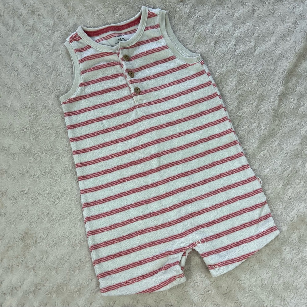 Carter’s Terry Cloth Summer Romper Size 24 Months Cream Off White Stripes